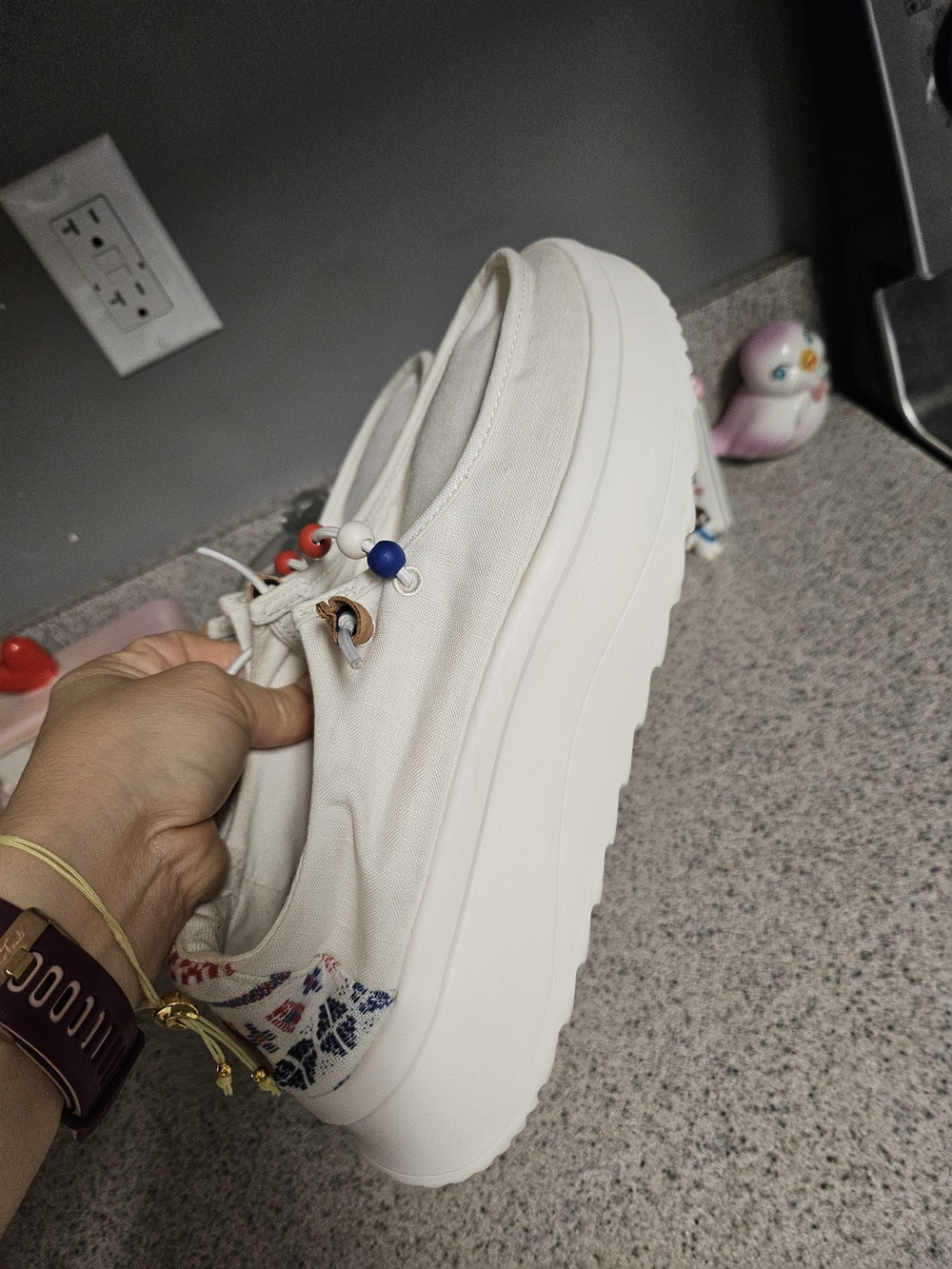 Hey Dude Women's Cream Canvas Slip-On Flats with Red & Blue Bead Accents - Picture 10 of 11